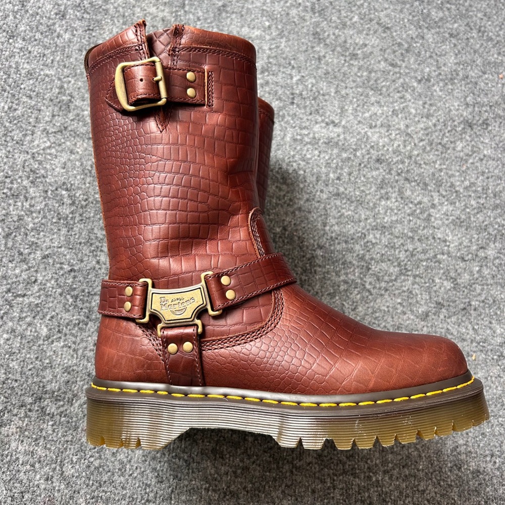 Dr Martens Anistone Hi Brown Croc Embossed Leather Harness Biker Boots Womens 9